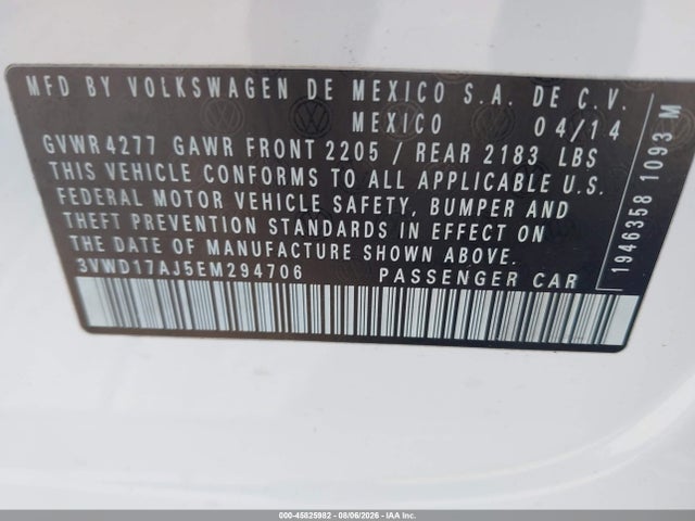 Aukcja sprzedaży 2014 Volkswagen Jetta 1.8t Se, vin: 3VWD17AJ5EM294706, numer aukcji: 45825982