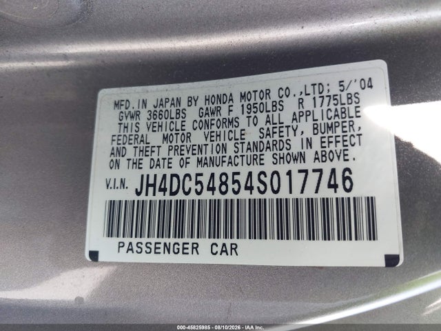 Aukcja sprzedaży 2004 Acura Rsx, vin: JH4DC54854S017746, numer aukcji: 45825985