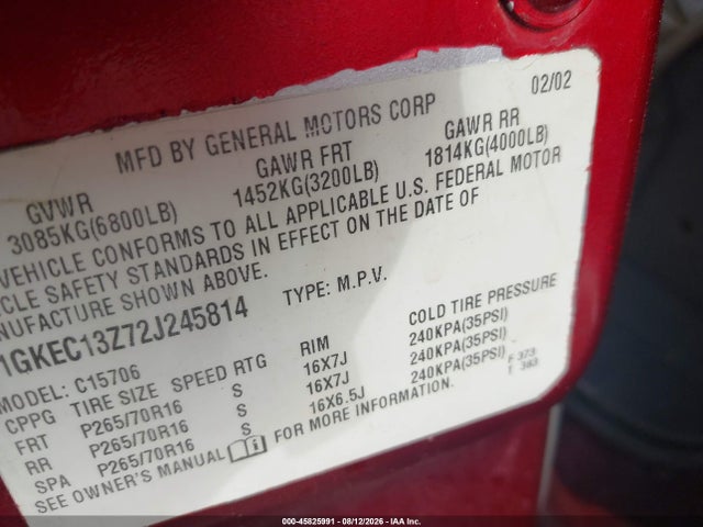 Aukcja sprzedaży 2002 Gmc Yukon Sle, vin: 1GKEC13Z72J245814, numer aukcji: 45825991