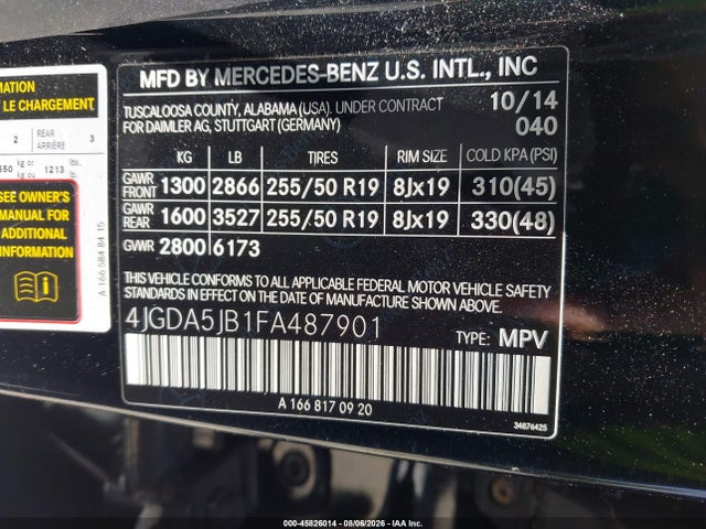 Aukcja sprzedaży 2015 Mercedes-benz Ml 350, vin: 4JGDA5JB1FA487901, numer aukcji: 45826014