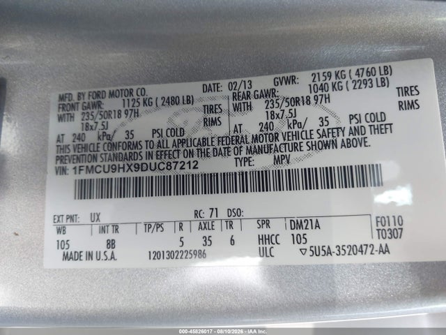 Продажа на аукционе авто 2013 Ford Escape Sel, vin: 1FMCU9HX9DUC87212, номер лота: 45826017