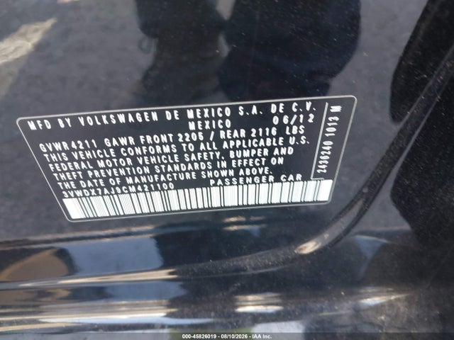 Aukcja sprzedaży 2012 Volkswagen Jetta 2.5l Se, vin: 3VWDX7AJ9CM421100, numer aukcji: 45826019