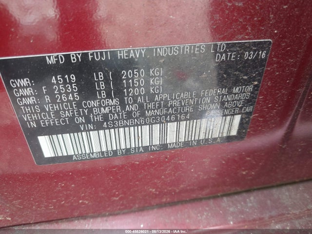 45826021 :رقم المزاد ، 4S3BNBN60G3046164 vin ، 2016 Subaru Legacy 2.5i Limited مزاد بيع