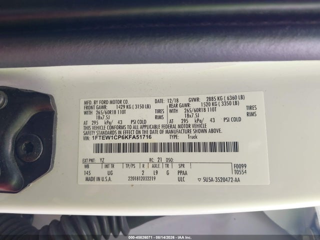 Продажа на аукционе авто 2019 Ford F-150 Xlt, vin: 1FTEW1CP6KFA51716, номер лота: 45826071
