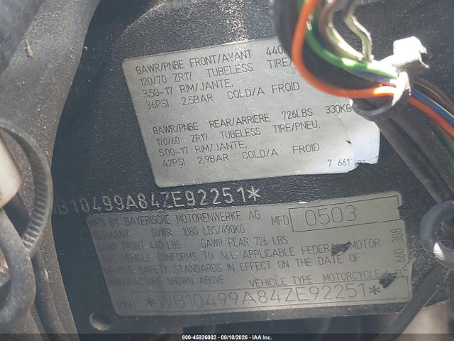 45826082 :رقم المزاد ، WB10499A84ZE92251 vin ، 2004 Bmw R1150 Rt مزاد بيع