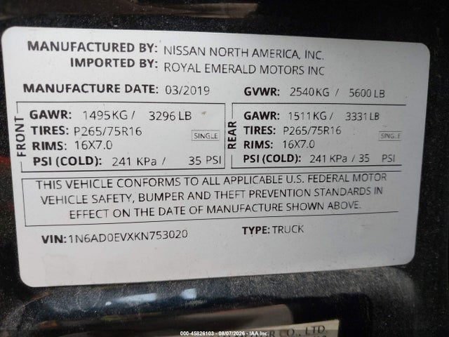 1N6AD0EVXKN753020 Nissan Frontier Pro-4x/s/sl/sv