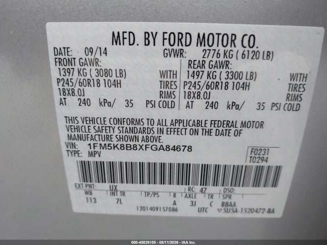 45826105 :رقم المزاد ، 1FM5K8B8XFGA84678 vin ، 2015 Ford Explorer مزاد بيع