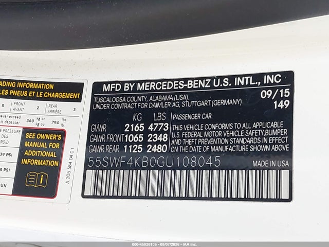 Продажа на аукционе авто 2016 Mercedes-benz C 300 Sport 4matic, vin: 55SWF4KB0GU108045, номер лота: 45826106