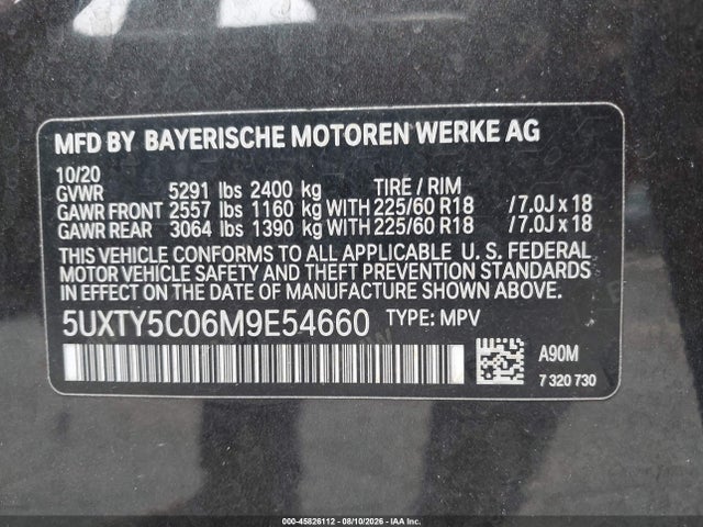 Продаж на аукціоні авто 2021 Bmw X3 Xdrive30i, vin: 5UXTY5C06M9E54660, номер лоту: 45826112