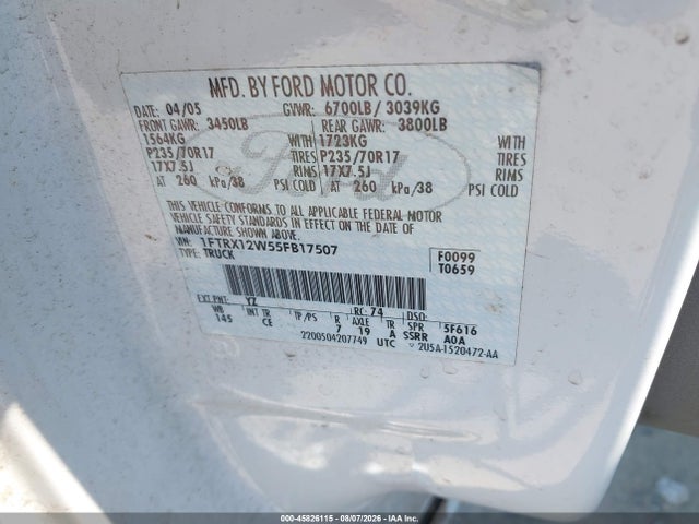 45826115 :رقم المزاد ، 1FTRX12W55FB17507 vin ، 2005 Ford F-150 Stx/xl/xlt مزاد بيع