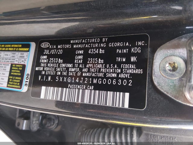 Aukcja sprzedaży 2021 Kia K5 Lxs, vin: 5XXG14J21MG006302, numer aukcji: 45826130