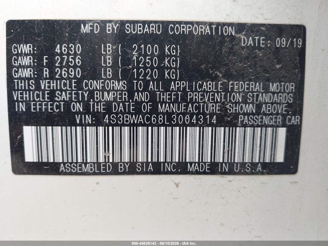45826142 :رقم المزاد ، 4S3BWAC68L3004314 vin ، 2020 Subaru Legacy Premium مزاد بيع
