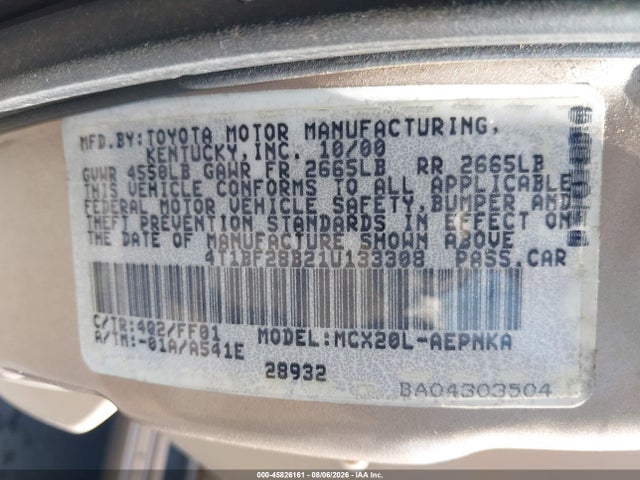 45826161 :رقم المزاد ، 4T1BF28B21U133308 vin ، 2001 Toyota Avalon Xl مزاد بيع