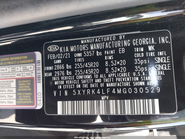 2021 Kia Sorento Sx მანქანა იყიდება აუქციონზე, vin: 5XYRK4LF4MG030529, აუქციონის ნომერი: 45826166