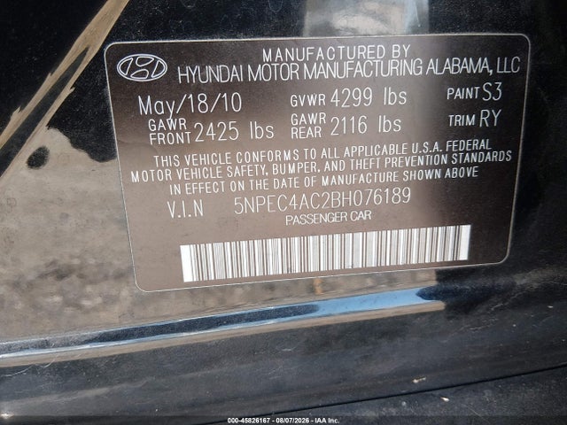 Продажа на аукционе авто 2011 Hyundai Sonata Se, vin: 5NPEC4AC2BH076189, номер лота: 45826167