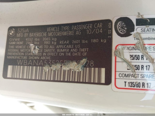 Продажа на аукционе авто 2005 Bmw 525i, vin: WBANA53525B858828, номер лота: 45826170