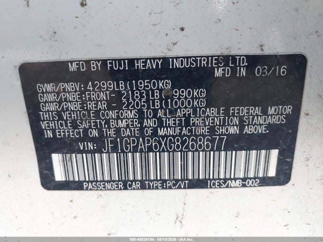 Aukcja sprzedaży 2016 Subaru Impreza 2.0i Sport Premium, vin: JF1GPAP6XG8268677, numer aukcji: 45826194