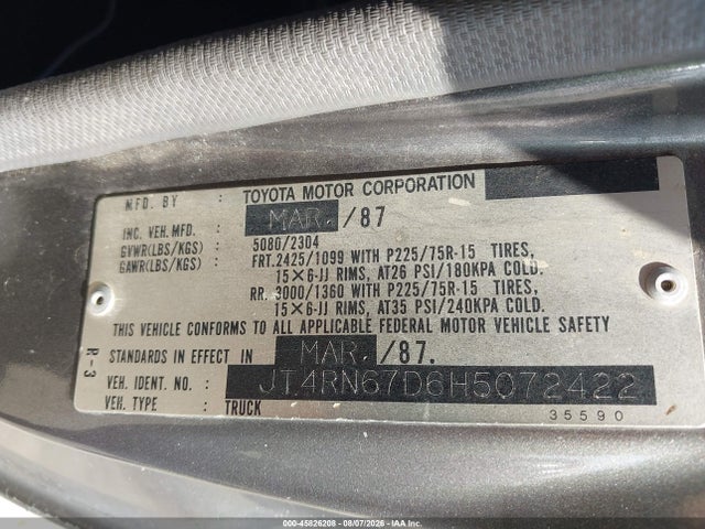 45826208 :رقم المزاد ، JT4RN67D6H5072422 vin ، 1987 Toyota Pickup Xtracab Rn67 Dlx مزاد بيع