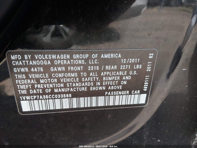 45826212 :رقم المزاد ، 1VWCP7A35CC033568 vin ، 2012 Volkswagen Passat 2.5l Sel مزاد بيع