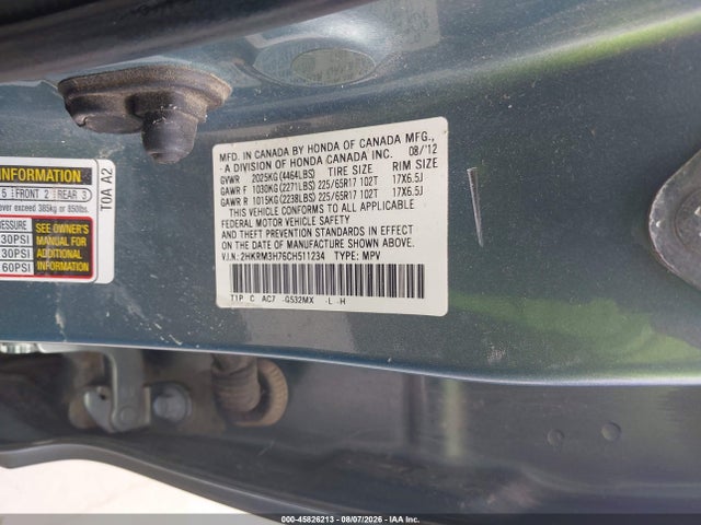 Aukcja sprzedaży 2012 Honda Cr-v Ex-l, vin: 2HKRM3H76CH511234, numer aukcji: 45826213