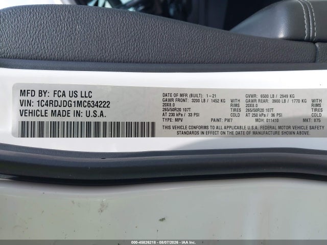 45826218 :رقم المزاد ، 1C4RDJDG1MC634222 vin ، 2021 Dodge Durango Gt Plus Awd مزاد بيع