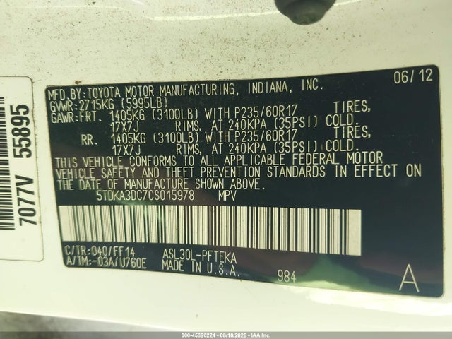 Продажа на аукционе авто 2012 Toyota Sienna Le 8 Passenger, vin: 5TDKA3DC7CS015978, номер лота: 45826224