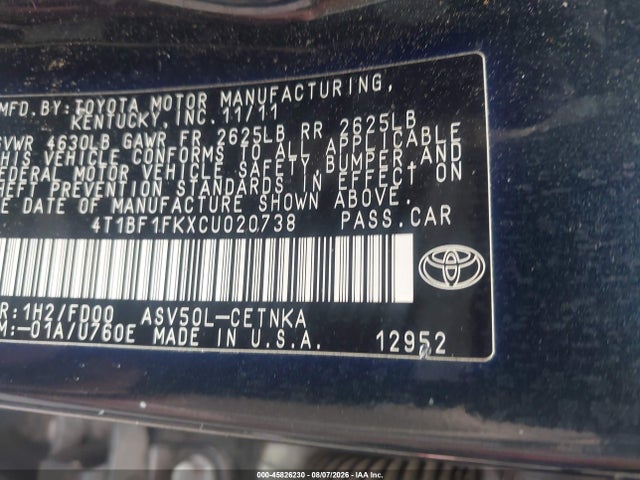 Aukcja sprzedaży 2012 Toyota Camry Le, vin: 4T1BF1FKXCU020738, numer aukcji: 45826230
