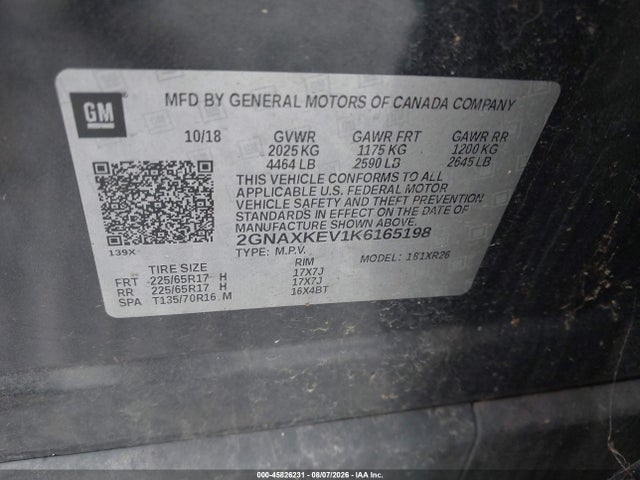 45826231 :رقم المزاد ، 2GNAXKEV1K6165198 vin ، 2019 Chevrolet Equinox Lt مزاد بيع