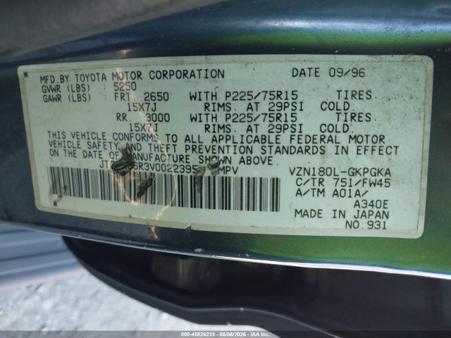45826233 :رقم المزاد ، JT3GN86R3V0022395 vin ، 1997 Toyota 4runner Sr5 V6 مزاد بيع