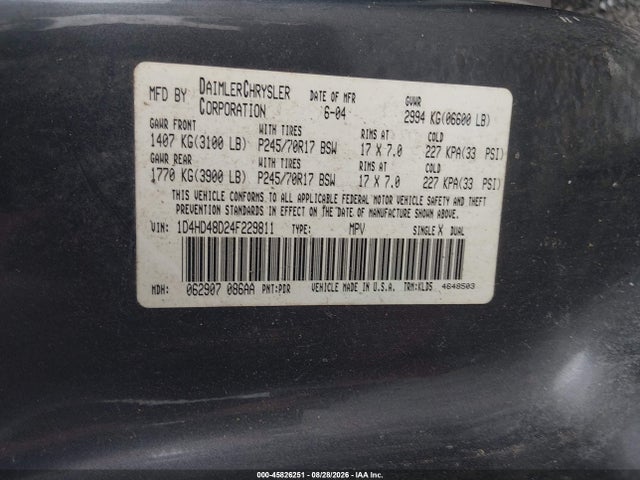 2004 Dodge Durango Slt მანქანა იყიდება აუქციონზე, vin: 1D4HD48D24F229811, აუქციონის ნომერი: 45826251