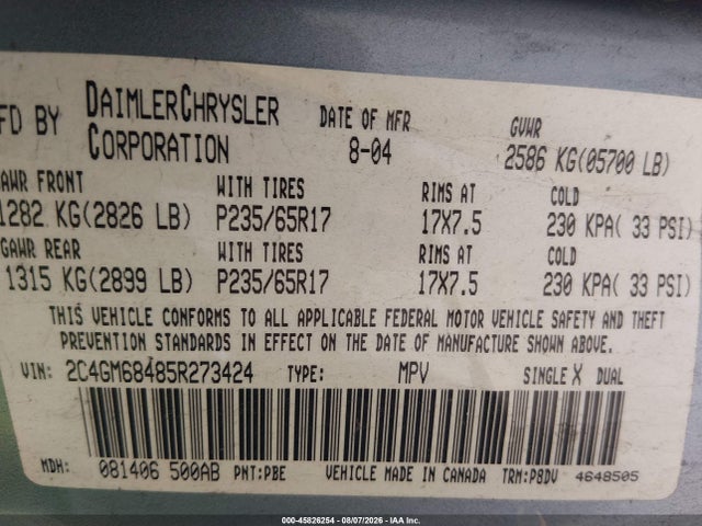 45826254 :رقم المزاد ، 2C4GM68485R273424 vin ، 2005 Chrysler Pacifica Touring مزاد بيع