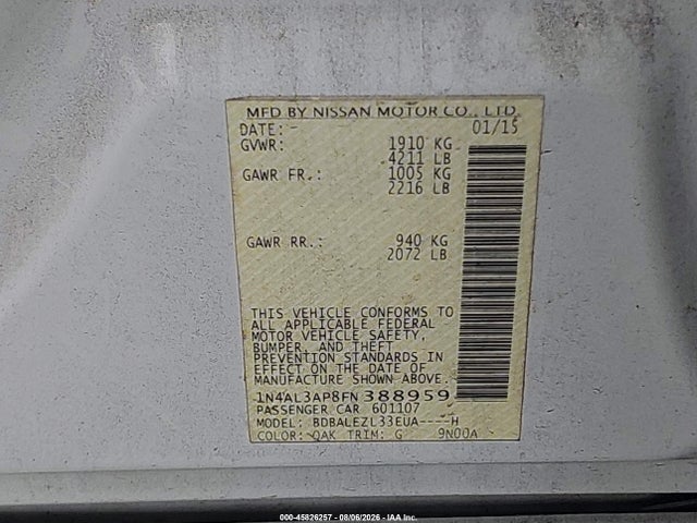 2015 Nissan Altima 2.5 S მანქანა იყიდება აუქციონზე, vin: 1N4AL3AP8FN388959, აუქციონის ნომერი: 45826257