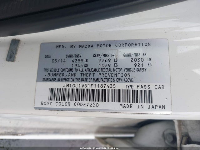 2015 Mazda Mazda6 I Touring მანქანა იყიდება აუქციონზე, vin: JM1GJ1V51F1187435, აუქციონის ნომერი: 45826280