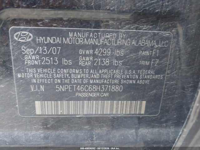 2008 Hyundai Sonata Gls მანქანა იყიდება აუქციონზე, vin: 5NPET46C68H371880, აუქციონის ნომერი: 45826282