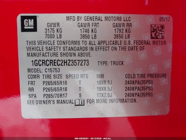 1GCRCREC2HZ357273 Chevrolet Silverado 1500 Lt