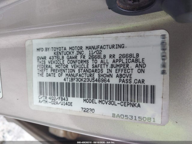 Aukcja sprzedaży 2003 Toyota Camry Le V6, vin: 4T1BF30K23U546964, numer aukcji: 45826310
