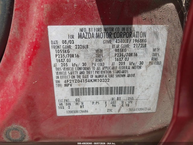 Aukcja sprzedaży 2004 Mazda Tribute Lx V6, vin: 4F2YZ04154KM10332, numer aukcji: 45826365