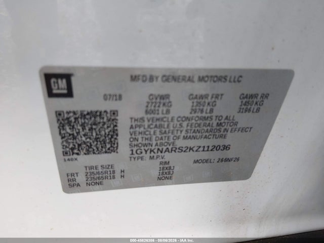45826386 :رقم المزاد ، 1GYKNARS2KZ112036 vin ، 2019 Cadillac Xt5 Standard مزاد بيع