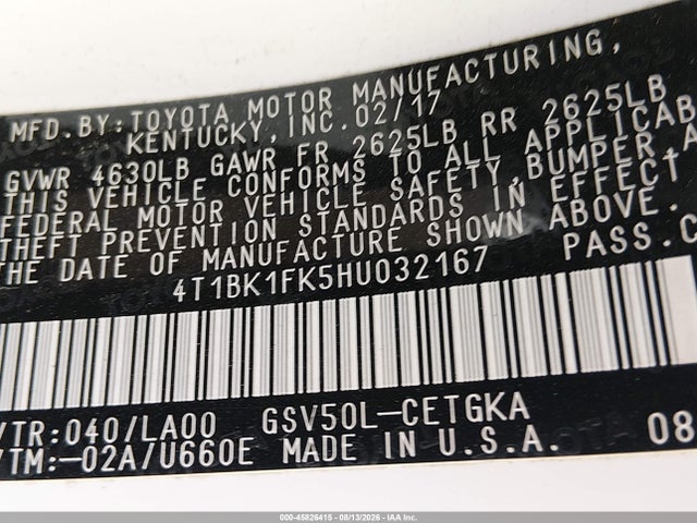 4T1BK1FK5HU032167 Toyota Camry Xle V6