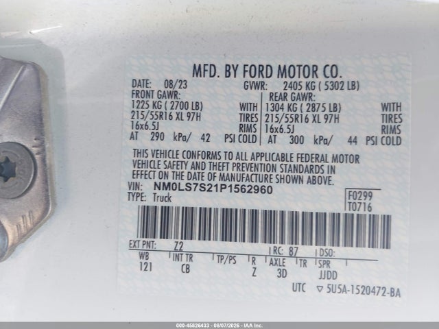 45826433 :رقم المزاد ، NM0LS7S21P1562960 vin ، 2023 Ford Transit Connect Xl مزاد بيع