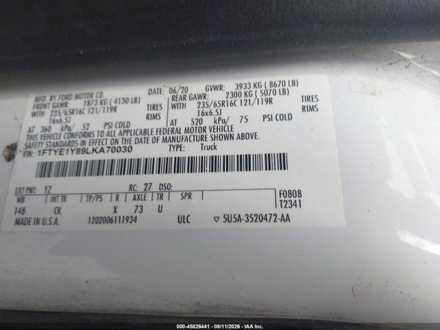 2020 Ford Transit-150 მანქანა იყიდება აუქციონზე, vin: 1FTYE1Y89LKA70030, აუქციონის ნომერი: 45826441