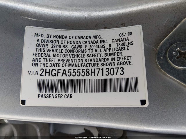 45826447 :رقم المزاد ، 2HGFA55558H713073 vin ، 2008 Honda Civic Si/si Mugen مزاد بيع