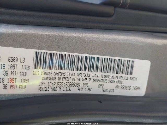 45826452 :رقم المزاد ، 1C4RJEBG4FC668094 vin ، 2015 Jeep Grand Cherokee Limited مزاد بيع