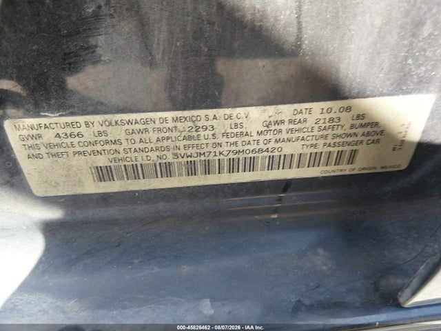 2009 Volkswagen Jetta S მანქანა იყიდება აუქციონზე, vin: 3VWJM71K79M068420, აუქციონის ნომერი: 45826462