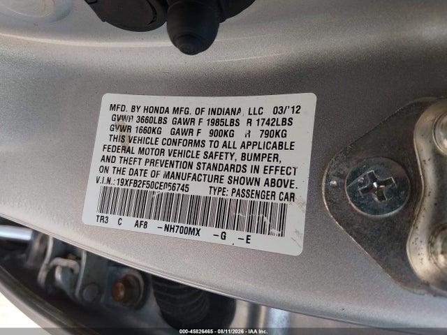 Aukcja sprzedaży 2012 Honda Civic Lx, vin: 19XFB2F50CE056745, numer aukcji: 45826465