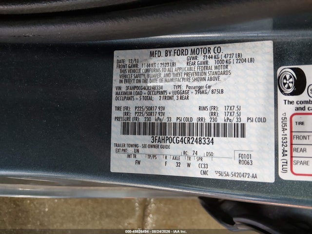 Продажа на аукционе авто 2012 Ford Fusion Sel, vin: 3FAHP0CG4CR248334, номер лота: 45826494