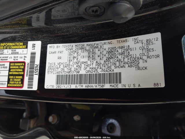45826505 :رقم المزاد ، 5TFLU4EN7DX053790 vin ، 2013 Toyota Tacoma Base V6 مزاد بيع