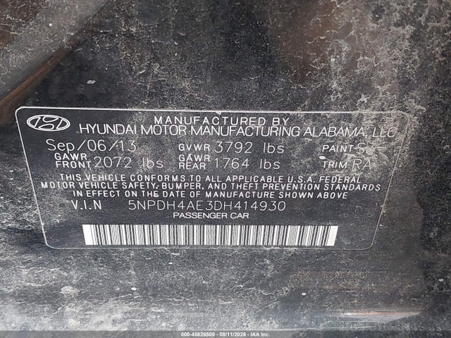 2013 Hyundai Elantra Gls მანქანა იყიდება აუქციონზე, vin: 5NPDH4AE3DH414930, აუქციონის ნომერი: 45826508