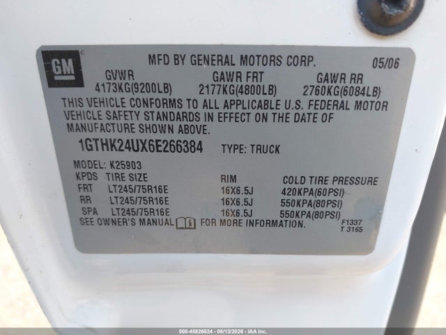 Продаж на аукціоні авто 2006 Gmc Sierra 2500hd Work Truck, vin: 1GTHK24UX6E266384, номер лоту: 45826524