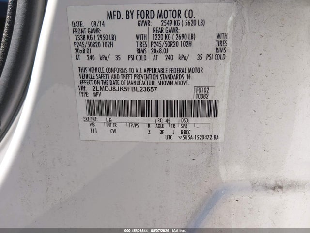 45826544 :رقم المزاد ، 2LMDJ8JK5FBL23657 vin ، 2015 Lincoln Mkx مزاد بيع